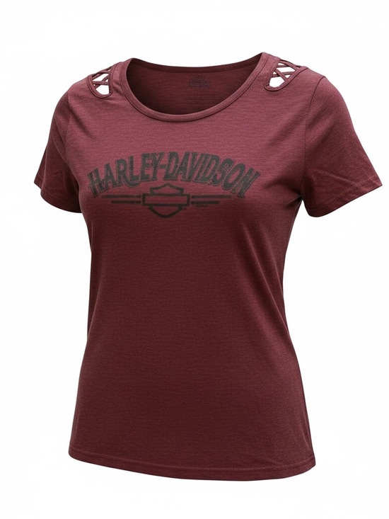 Harley-Davidson Tops - Harley-Davidson Women's Burgundy Lattice-Shoulder Logo Tee